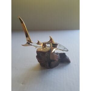 Glass Baron Mako Shark Sculpture With 22k Gold Accents on Burled Wood Base